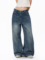 Star-print Wide-leg Denim Jeans For Women Washed Loose-fit Casual