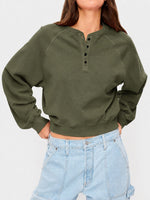 Womens Crew-neck Button-up Sweatshirt Loose-fit Casual Cropped Top