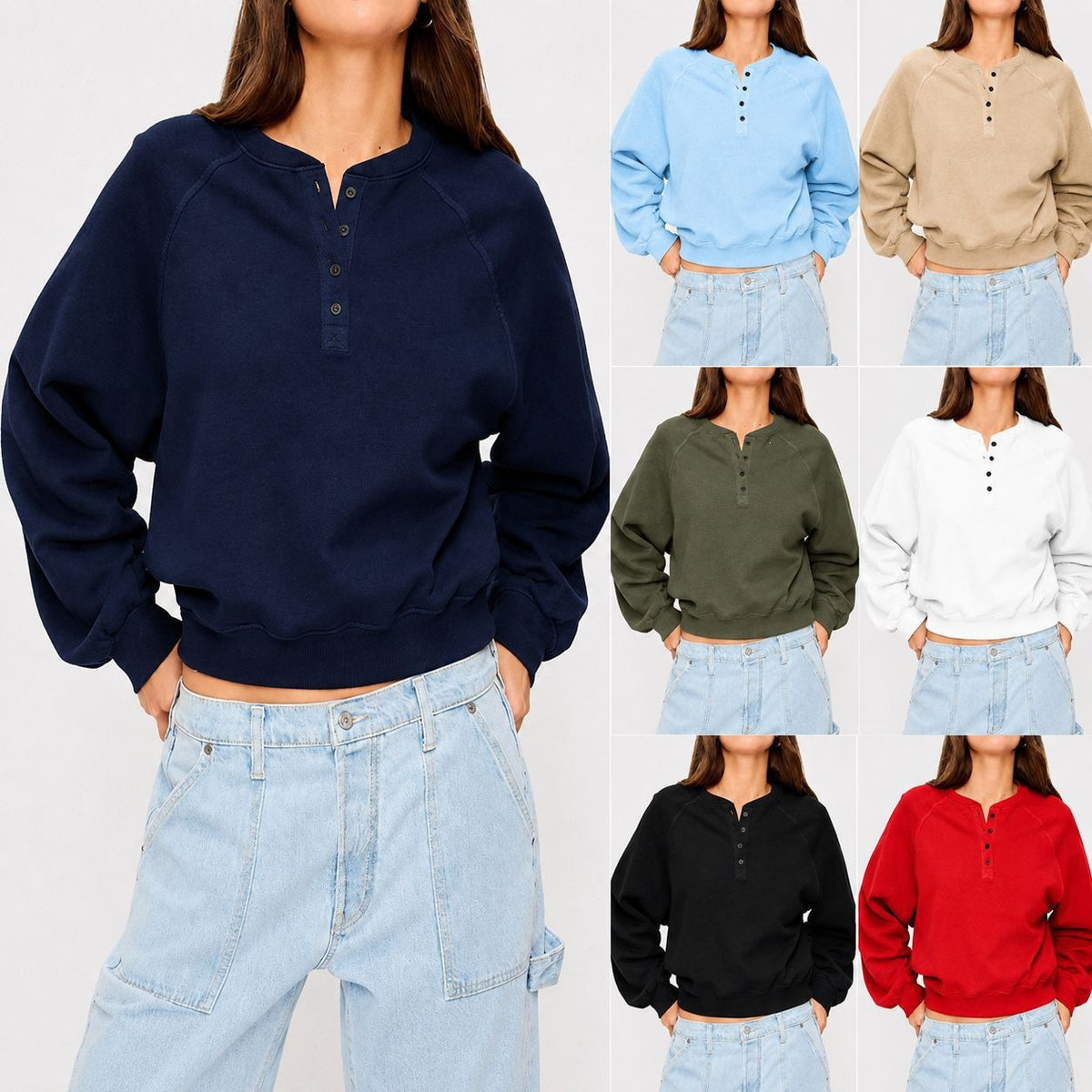 Womens Crew-neck Button-up Sweatshirt Loose-fit Casual Cropped Top