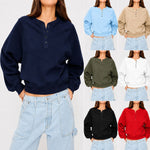 Womens Crew-neck Button-up Sweatshirt Loose-fit Casual Cropped Top