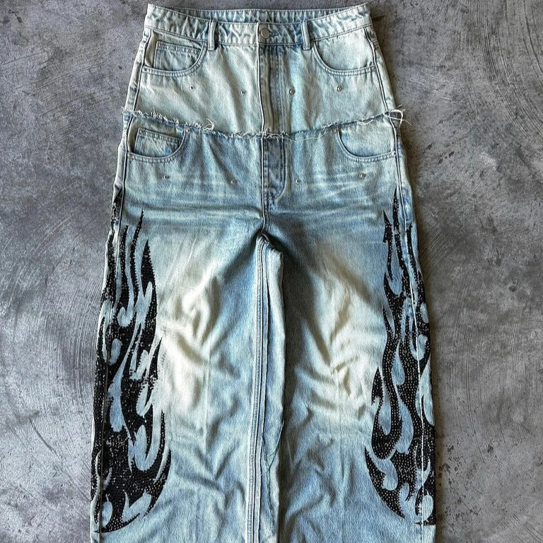 Retro Hip-Hop Fashion Patterned Print Denim Jeans