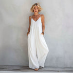 SpringSummer New Womens Solid-Color Cotton-Linen V-Neck Lace-Up Suspender Wide-Leg Jumpsuit