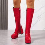 Fashionable Patent Leather High-top Equestrian Boots With A Chunky Heel And Side Zipper