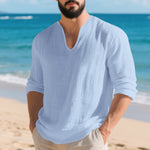 Mens Linen Casual Loose-fit V-neck Long-sleeve Shirt