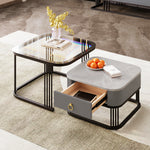 Nestable Coffee Table High Gloss Marble Exterior, Gold Accents, Side Table With Drawer. Set Of Two