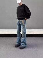 Men's American Retro Flame Totem Washed Straight Leg Jeans