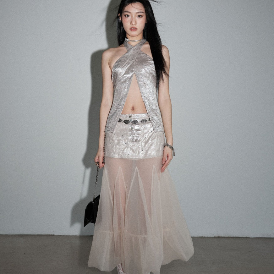 Golden Sparkle Organza Patchwork Skirt