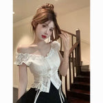 Womens Chic Sleeveless Top With White Lace Ruffles