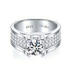 S925 Sterling Silver Wide Band Moissanite Ring, 1&2ct D-VVS1 Split Shank Pave Design, Platinum Plated US Sizes 5-9, GRA Certified Gift Box