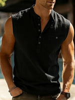 Mens Fashionable Casual Linen Sleeveless Henley Shirt Casual Vest